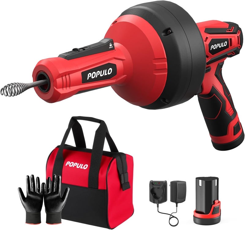 populo 12V Cordless Electric Drain Auger, Auto Feed Plumbing Snake Drain for Unclog Sink Drain 3/4"-2" Pipe, 16.8 FT Snake Hair Drain Clog Remover Cleaner Tools for Shower, Kitchen, Bathtub, Sink - Image 1